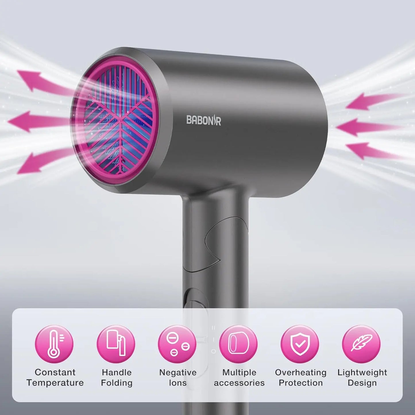 BABONIR Ionic Hair Dryer 1875W Quick-Dry, Frizz Reduction, Concentrator & Diffuser Accessories, Lightweight & Quiet, Foldable Travel Design,Adaptable to All Hairstyles,Blow Dryer,Compact Design for Women and Men,Holiday Gift,Grey,Pink,Summervibes Summervi