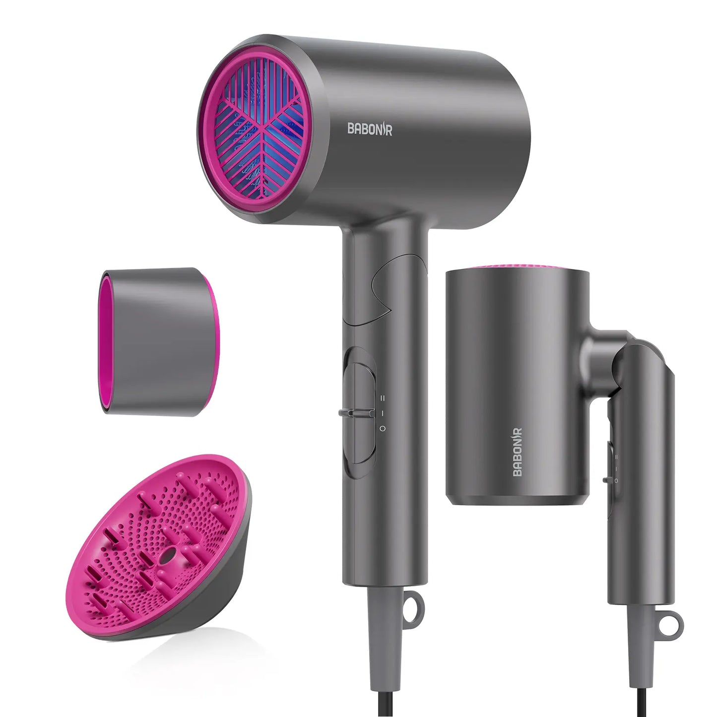 BABONIR Ionic Hair Dryer 1875W Quick-Dry, Frizz Reduction, Concentrator & Diffuser Accessories, Lightweight & Quiet, Foldable Travel Design,Adaptable to All Hairstyles,Blow Dryer,Compact Design for Women and Men,Holiday Gift,Grey,Pink,Summervibes Summervi