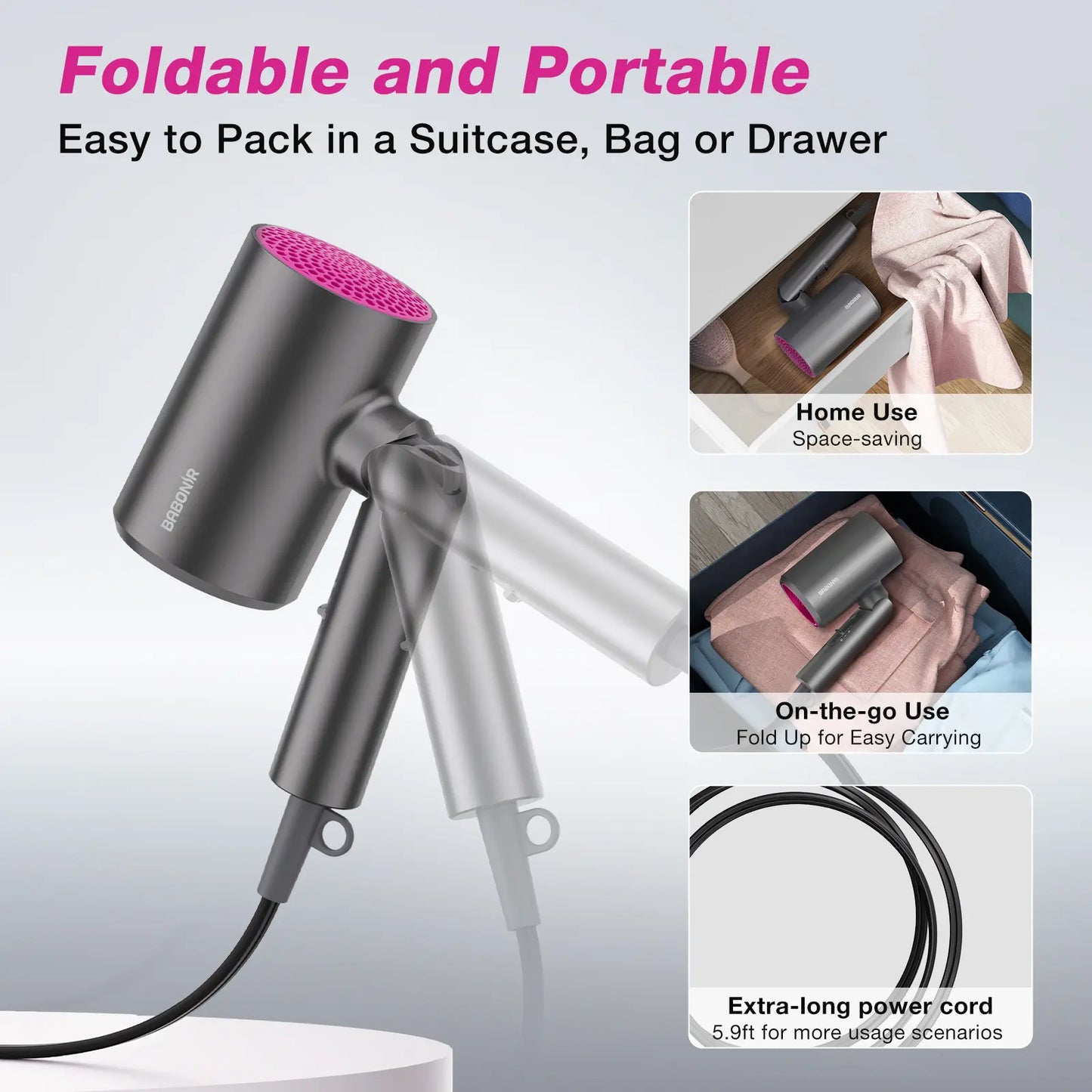BABONIR Ionic Hair Dryer 1875W Quick-Dry, Frizz Reduction, Concentrator & Diffuser Accessories, Lightweight & Quiet, Foldable Travel Design,Adaptable to All Hairstyles,Blow Dryer,Compact Design for Women and Men,Holiday Gift,Grey,Pink,Summervibes Summervi