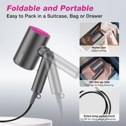 BABONIR Ionic Hair Dryer 1875W Quick-Dry, Frizz Reduction, Concentrator & Diffuser Accessories, Lightweight & Quiet, Foldable Travel Design,Adaptable to All Hairstyles,Blow Dryer,Compact Design for Women and Men,Holiday Gift,Grey,Pink,Summervibes Summervi